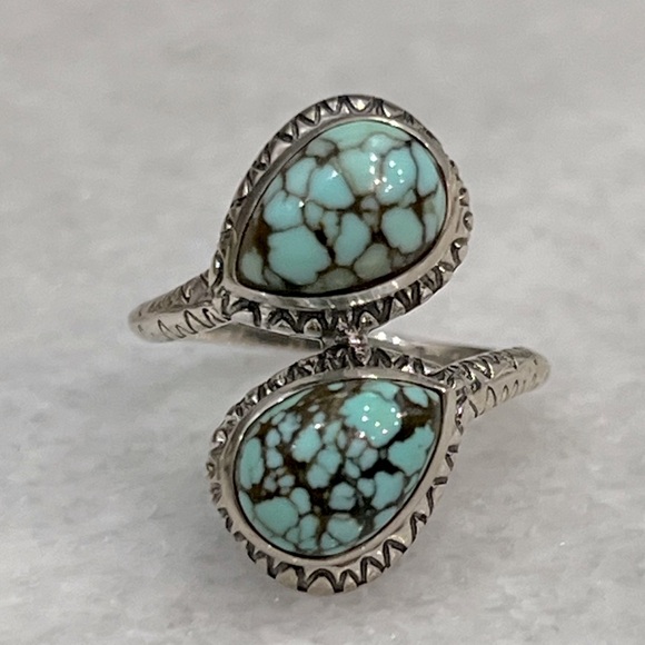 Blue Moon Turquoise Teardrop Black Oxidized Sterling Silver Bypass Silver Ring - Picture 1 of 9